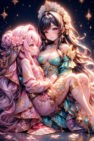 vibrant colors, female, masterpiece, sharp focus, best quality, depth of field, cinematic lighting, ((duo, adult woman)), (illustration, 8k CG, extremely detailed), masterpiece, ultra-detailed, 2 girls, short hair, black_black_purple hair, braids, red eyes, Mountain, floral elegance, draped in a pajamas crafted entirely from a myriad of multicolored flowers, a girl radiates elegance with ornate earrings and a decorative floral accent adorning her hair. The detailed illustration captures the enchanting scene, where the beauty of nature intertwines with the sophistication of an elegant ensemble. Her hair, styled with grace, frames her face in a cascade of intricate waves. The floral pajamas, a kaleidoscope of colors, accentuates her regal presence. The ornate earrings add a touch of refinement, and the floral hair decoration becomes a delicate hairpin, harmonizing with the vibrant hues of the blossoms, illustration paints a captivating portrait of a girl embodying the splendor of nature and the refinement of elegance. The floral pajamas becomes a living canvas of colors, creating a scene of timeless beauty and botanical sophistication. Sea of Flower. ,Nice legs and hot body,perfect, perfect hand, perfect hands, perfect finger, perfect fingers, 
,1 girl, pillow hug,pillow hug