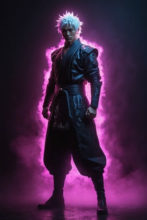 (( Gojo in real life : 1.2)), gojo style, aesthetic pose, standing in the studio photoshot, intricate details, realistic, 8k, ((neon photography style : 1.2)), Jujutsu kaizen vibe, black, fog, glow, epicdetailed, ultrasharp.
