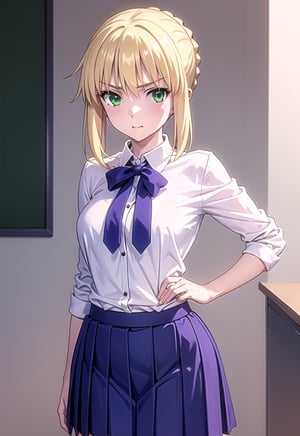 Artoria Pendragon, green eyes, blond hair, school uniform, 1girl,