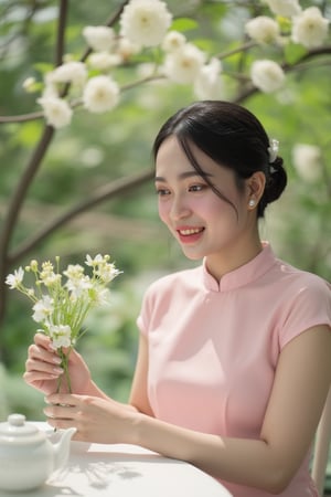 bichngoc,(Daylight), A beautiful Vietnamese girl in a light pink ao dai, sitting at a tea table in a garden, holding a sprig of white flowers. Sunlight shines down, creating a peaceful and romantic scene. The style of the image is like Annie Leibovitz's photography, using a Hasselblad XCD 45mm f/4 lens to create depth, soft bokeh effect, Kodak Portra 400 film color. 8k resolution, realistic image quality like a photograph.
