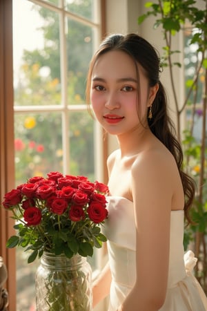 A serene, beautiful girl in a pristine white dress stands beside a large vase overflowing with vibrant red roses. The morning sunlight streams into the room, creating a magical, ethereal atmosphere. The girl gazes directly at the camera, her eyes radiating tranquility and peace. The painting is rendered in the style of Annie Leibovitz's photography, utilizing professional portrait techniques, natural lighting, and vibrant colors. The image has an 8k resolution, with sharp details, creating the impression of a real photograph, bichngoc