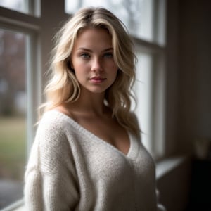 A stunning portrait to the waist of a blonde sultry country girl, radiant in her white super fuzzy super thick mohair sweater. The camera captures her curvaceous figure against a blurred clinic backdrop, achieved through a wide-aperture setting (f/2.2) and low ISO (100). A moderate shutter speed (1/125s) ensures sharpness while the Auto White Balance renders accurate colors. Shooting in RAW format allows for easy white balance adjustments later. The focus point is precisely placed on her closest eye, ensuring crisp details. Natural light from the window illuminates one side of her body, creating soft shadows on the other. A reflector or white surface opposite the window bounces light back onto her face, reducing harsh shadows. Exposure compensation adjusts for strong window light, maintaining detail and balance. A 70mm prime lens captures a flattering portrait perspective with good background separation.