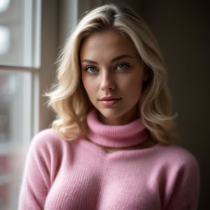 A stunning portrait of a sultry blonde secretary, radiant in her pink angora sweater. The camera captures her curvaceous figure against a blurred backdrop, achieved through a wide-aperture setting (f/2.2) and low ISO (100). A moderate shutter speed (1/125s) ensures sharpness while the Auto White Balance renders accurate colors. Shooting in RAW format allows for easy white balance adjustments later. The focus point is precisely placed on her closest eye, ensuring crisp details. Natural light from the window illuminates one side of her body, creating soft shadows on the other. A reflector or white surface opposite the window bounces light back onto her face, reducing harsh shadows. Exposure compensation adjusts for strong window light, maintaining detail and balance. A 70mm prime lens captures a flattering portrait perspective with good background separation.