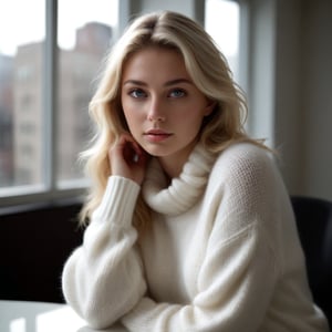 A stunning portrait of a sultry blonde secretary, radiant in her bright white angora sweater. The camera captures her curvaceous figure against a blurred backdrop, achieved through a wide-aperture setting (f/2.2) and low ISO (100). A moderate shutter speed (1/125s) ensures sharpness while the Auto White Balance renders accurate colors. Shooting in RAW format allows for easy white balance adjustments later. The focus point is precisely placed on her closest eye, ensuring crisp details. Natural light from the window illuminates one side of her body, creating soft shadows on the other. A reflector or white surface opposite the window bounces light back onto her face, reducing harsh shadows. Exposure compensation adjusts for strong window light, maintaining detail and balance. A 70mm prime lens captures a flattering portrait perspective with good background separation.