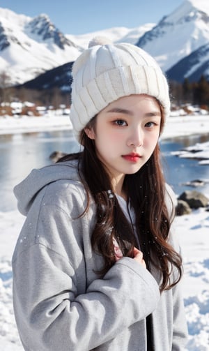 cute girl, winter jacket fashion,beanie hat, RAW photo, realistic, masterpiece, best quality, beautiful skin,
snowy mountains background, 50mm, medium full shot, ,goyoonjung, outdoor, photography