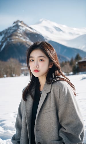 cute girl, winter jacket fashion, RAW photo, realistic, masterpiece, best quality, beautiful skin,
snowy mountains background, 50mm, medium full shot, ,goyoonjung, outdoor, photography, Portrait