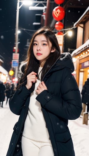 cute girl, long hair, fashion winter coat, big coat, Wear a coat over a hoodie, standing looking up snow is falling, winter night city, snowing, 4K, ultra HD, RAW photo, realistic, masterpiece, best quality, beautiful skin, white skin, 50mm, medium shot, outdoor, half body, photography, Portrait, ,chinatsumura, high fashion, snowflakes, dynamic light, warm lights, christmas lights, festival atmosphere