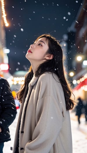 cute girl, long hair, fashion coat, fur winter coat, standing looking up at the sky as snow is falling, winter night city, snowing, 4K, ultra HD, RAW photo, realistic, masterpiece, best quality, beautiful skin, white skin, 50mm, medium shot, outdoor, half body, photography, Portrait, ,chinatsumura, high fashion, snowflakes, warm lights, christmas lights, festival atmosphere