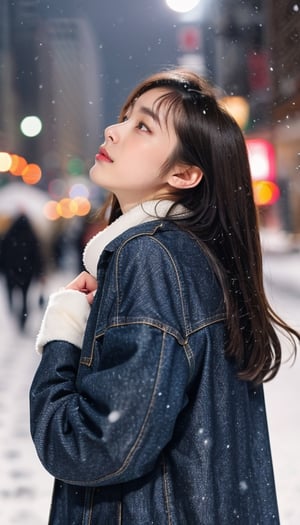 cute girl, long hair, fashion coat, pink winter coat, Jeans, standing looking up at the sky as snow is falling, winter city, cloudy, 4K, ultra HD, RAW photo, realistic, masterpiece, best quality, beautiful skin, white skin, 50mm, medium shot, outdoor, half body, photography, Portrait, ,chinatsumura, high fashion, snowflakes