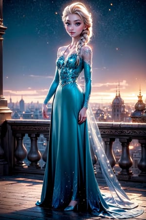 (Alone:1.5), (Solo:1.5), ((Medium full shot:1.5)), realistic, masterpiece,best quality,High definition, (realistic lighting, sharp focus), high resolution,volumetric light, outdoors, dynamic pose, BREAK, a 25 years old woman
on top of a building during a starry night, hair movement, elsa frozen_hair, blue_eyes, focus face,  looking away, Smile, 1 city light, medium breats,elsa frozen, full body, (high heels), (stocking), view from above