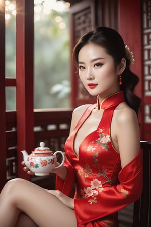 Generate realistic photo image; gorgeous beauty Chinese Woman; beauty super model woman; wearing sexy red cheongsam lingerie; sitting on chair ; preparing a cup of tea; at the bedroom of Tradisional wooden house; dusty; Ray of light; Bokeh photo image; real photo image; wide angle view photo image; high quality photo image; very detail; Sharp photograp ; Leonardo AI photo real effect ; cinematic