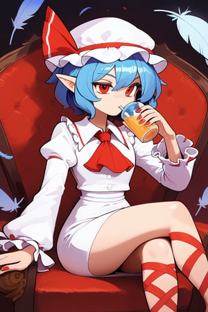 score_9, score_8_up, score_7_up,score_6_up, ,long sleeves,remilia scarlet,ribbon,pointy ears,blue hair,touhou,,feathers,mob cap,white dress,hat, , ,solo,  ,ascot,short hair,
sitting on chair,crossed_legs,drinking,,