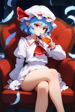 score_9, score_8_up, score_7_up,score_6_up, ,long sleeves,remilia scarlet,ribbon,pointy ears,blue hair,touhou,,feathers,mob cap,white dress,hat, , ,solo,  ,ascot,short hair,
sitting on chair,crossed_legs,drinking,,