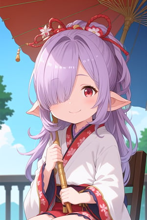 score 9, score 8 up, score 7 up, source anime, anime screencap, outdoor,, BREAK, 1girl, solo,,niyon_\(granblue_fantasy\), harvin, , purple hair, long hair, red eyes,  , hair over one eye,, pointy ears, , smile,kimono,,japanese_umbrella,sitting on chair