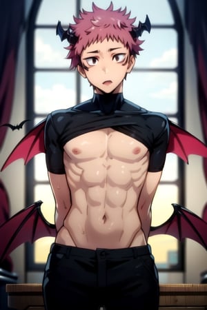 masterpiece, best quality, high quality, 1boy, solo, male focus, looking at viewer, itadori_yuuji, pink hair, undercut,itadori_yuuji,two horns on the head,demon version,demon tails,just wide black pants, bat wings behind the back.man,male,exposed chest,Male Focus,(brown eyes),(perfect eyes),(centered eyes),hell scenario