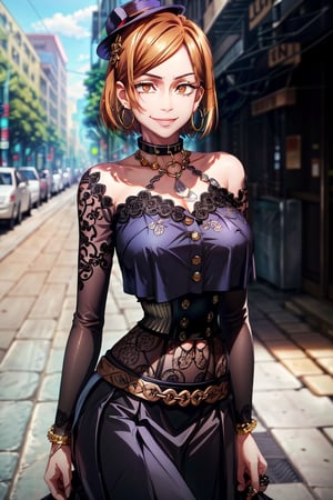 ((best quality)), ((highly detailed)), masterpiece, ((official art)), detailed face, beautiful face, (detailed eyes, deep eyes), nobara kugisaki, brown eyes, (smirk), (hoop earrings), (confident), (collar), (large breasts), ((narrow_waist)), (high-waist skirt:1.2), Stylish hat, short burgundy dress, black choker, black bracelets, black high heels, sunglasses, hand in sunglasses, celebrity, smiling, intricately detailed, hyperdetailed, blurry background, depth of field, best quality, masterpiece, intricate details, tonemapping, sharp focus, hyper detailed, trending on Artstation, 1 girl, high res, official art,nobara kugisaki