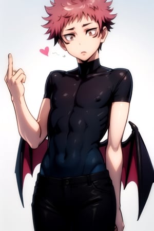 masterpiece, best quality, high quality, 1boy, solo, male focus, looking at viewer, itadori_yuuji, pink hair, undercut,itadori_yuuji,two horns on the head,demon version,demon tails,just wide black pants, bat wings behind the back.man,male,exposed chest,Male Focus,(brown eyes),(perfect eyes),(centered eyes)