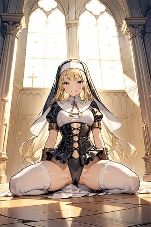 masterpiece, (Alluring sexy nun)1.4,(16 yo)1.4,(Blonde long hair)1.3, (wearing sexy lace corset with Knee-high socks)1.3,(in old church)1.3,(Archaic Smile),soft clean focus, realistic lighting and shading, (an extremely delicate and beautiful eyes)1.3, ,active angle,dynamism pose,squitting,camel toe,score_9,score_8_up,score_7_up,source_anime,anime screencap