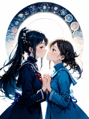 masterpiece, best quality, ultra detailed, insanely detailed, 4k, 8k, anime, watercolor, dutch-angle, Two high school girls, one a little taller with long black hair and a navy blue sailor suit, the other a little shorter with a brown ponytail and a black blazer, face each other, Intertwine fingers, winter, They lean on each other, (from front), Airbrushed illustrations, Lithograph, silkscreen, etching, ((sadness kiss:1.5))
