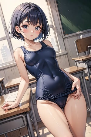 ((navy blue school swimsuit)), short hair, medium breasts,on the desks lined up in the classroom, standing, ((resting her crotch on the edge of a corner of the desk)), Masturbating on the edge of a desk corner,