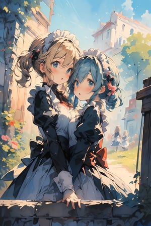 ((masterpiece)), ((high resolution)), ((best quality)), (ultra-detailed), anime, ((kawaii)), cute, (lovely), ((extremely detailed)), 4K, (8K), best quality, dynamic angle, (beautiful), 2girls, classic maid, outdoors,watercolor,