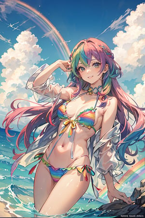 Top quality, masterpiece, pastel colored background, watercolor style, woman, rainbow colored hair, rainbow colored eyes, rainbow colored bikini, rainbow robe, rainbow colored leotard, rainbow colored clouds, sparkling sea, with a smile look up at the sky,Double Exposure