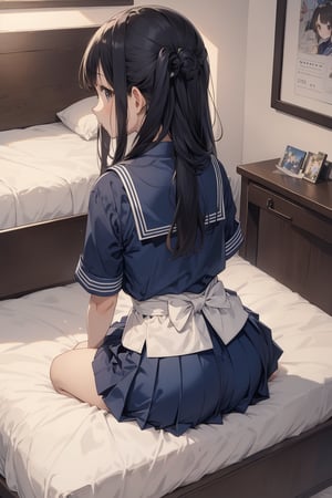 masterpiece, 1girl,from abobe,top angle view,from behind,japanese highschool girl,dark blue sailor suit,dark blue pleated skirt,sitting on the bed,