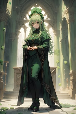 Masterpiece, beautiful details, perfect focus, uniform 8K wallpaper, high resolution, exquisite texture in every detail,full body shot,1girl,long green hair,
(St.Patrick's day:1.5),St. Patrick's Bishop's formal attire,
