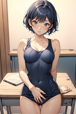 ((navy blue school swimsuit)), short hair, medium breasts,on the desks lined up in the classroom, standing, ((resting her crotch on the edge of a corner of the desk)), Masturbating on the edge of a desk corner,