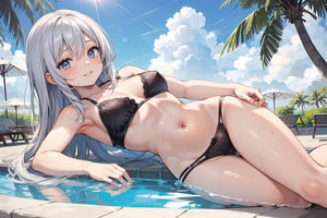 (colored pencil drawing)1.3,(official art)1.4,(sexy Girl)1.4,(wearing underwear)1.4,(sweat)1.4,(tanned skin)1.4,(untanned white skin)1.3,anime visual,(1girl),(stand at the pool side)1.4,resort hotel pool,summer,(fun,enjoy,smile)1.3,(resort hotel), ,daytime sun light,blue sky and white clouds,summer,(Gravure shooting scenery)1.3,,soft clean focus,soft clean focus, realistic lighting and shading, (an extremely delicate and beautiful art)1.3, elegant,active,dynamism pose