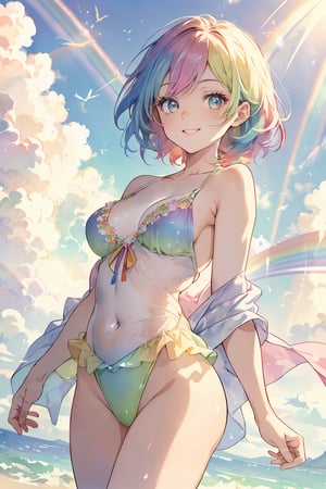 Top quality, masterpiece, pastel colored background, watercolor style, woman, rainbow colored hair, rainbow colored eyes, rainbow colored bikini, rainbow robe, rainbow colored leotard, rainbow colored clouds, sparkling sea, with a smile look up at the sky,Double Exposure