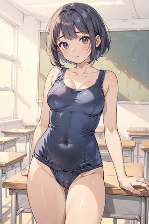 ((navy blue school swimsuit)), short hair, medium breasts,on the desks lined up in the classroom, standing, ((resting her crotch on the edge of a corner of the desk)), Masturbating on the edge of a desk corner,