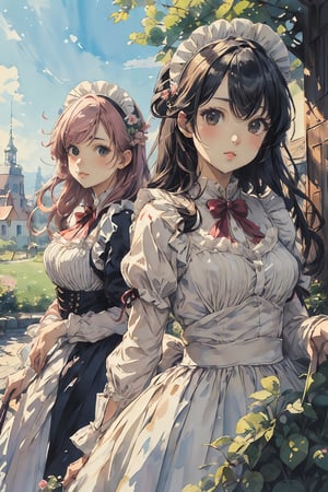 ((masterpiece)), ((high resolution)), ((best quality)), (ultra-detailed), anime, ((kawaii)), cute, (lovely), ((extremely detailed)), 4K, (8K), best quality, dynamic angle, (beautiful), 2girls, classic maid, outdoors,watercolor,