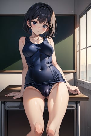 ((navy blue school swimsuit)), short hair, medium breasts,on the desks lined up in the classroom, standing, ((resting her crotch on the edge of a corner of the desk)), Masturbating on the edge of a desk corner,