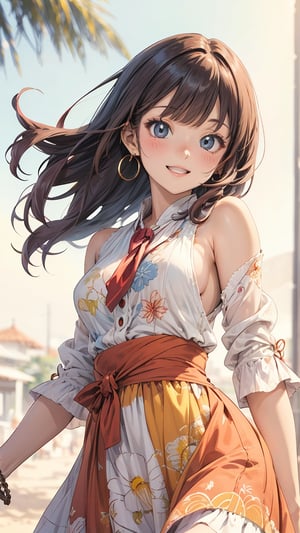 masterpiece, 8k, 16k, highres, top quality, best quality, beautiful and aesthetic,
(from front:1.5)
watercolor,(soft focus:2.0), looking at viewer,
BREAK,(daydream:1.2),best lighting,  bokeh,  lens flare, cowboy shot,
//Character
1girl,cute,kawaii,smile,teenager,smiling,randomly hairstyle,pose, (medium breasts:1.2),
BREAK
(anime style:1.5),
//Fashions 
Boho Ikat Maxi Dress
Envision a flowing maxi dress featuring a vibrant (Ikat pattern:1.2) with bold colors like deep blues, fiery oranges, and rich yellows, The dress has a plunging V-neckline, with a delicate tie at the waist to create a flattering silhouette, 
BREAK 
The sleeves are long and billowy, gathered at the wrists with a small button cuff, The skirt cascades down in layers, each tier showcasing a different variation of the Ikat pattern, creating a mesmerizing effect as the wearer moves, The dress would be perfect for a summer festival or a beachside dinner, embodying a relaxed yet stylish vibe,
BREAK 
ASU1,Color Booster