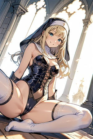 masterpiece, (Alluring sexy nun)1.4,(16 yo)1.4,(Blonde long hair)1.3, (wearing sexy lace corset with Knee-high socks)1.3,(in old church)1.3,(Archaic Smile),soft clean focus, realistic lighting and shading, (an extremely delicate and beautiful eyes)1.3, ,active angle,dynamism pose,squitting,camel toe,score_9,score_8_up,score_7_up,source_anime,anime screencap