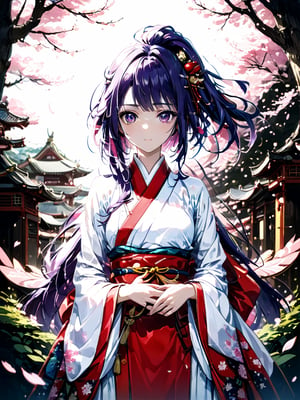 degenerate, octane render, masterpiece, best quality, ultra detailed, insanely detailed, anime, perfect image perspective, amazing, cinematic lighting, waterpaint, pasteicolor, Japanese girl, looking directly at the camera, She has her hair in a ponytail with a large red ribbon. She's wearing red hakama, a dark purple belt, and a light pink blouse with dark pink cherry blossom patterns. Her hair and clothes flutter in the wind, and cherry blossom petals add movement to the scene. The background is a Japanese garden,insanely detailed, 32k uhd, anime, Meiji period, female student,from abobe,from front,birdeye view,POV,