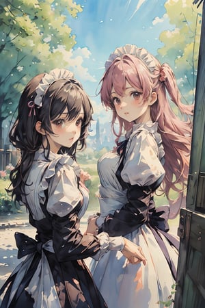 ((masterpiece)), ((high resolution)), ((best quality)), (ultra-detailed), anime, ((kawaii)), cute, (lovely), ((extremely detailed)), 4K, (8K), best quality, dynamic angle, (beautiful), 2girls, classic maid, outdoors,watercolor,