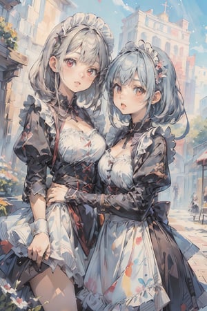 ((masterpiece)), ((high resolution)), ((best quality)), (ultra-detailed), anime, ((kawaii)), cute, (lovely), ((extremely detailed)), 4K, (8K), best quality, dynamic angle, (beautiful), (2girls:1.5), classic maid, outdoors,watercolor,