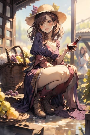 masterpiece, top quality, best quality, beautiful and aesthetic,
(from front:2.0)
watercolor,(soft focus:2.0),
BREAK,(daydream:1.2),best lighting,  bokeh,  lens flare, 
//Character
1girl,cute,kawaii,smile,japanese teenager,smiling,randomly hairstyle,
BREAK

//Fashions 
Vineyard Vintner,
Embrace the rustic charm of a vineyard vintner with this chic costume idea, Start with a knee-length, A-line dress in a deep shade of purple to represent the rich color of grapes, Look for dresses with lace or floral accents for added elegance, Pair the dress with brown ankle boots or loafers to evoke the earthy vibe of a vineyard, 
BREAK
Accessorize with a wide-brimmed straw hat adorned with grapevine leaves or faux grapes for a playful touch, Carry a wicker basket filled with faux grapes or a bottle of wine to complete the vintner look, For makeup, opt for soft, natural tones with a pop of plum on the lips to complement the grape-inspired color palette,
BREAK
classic wine field,classic winery,