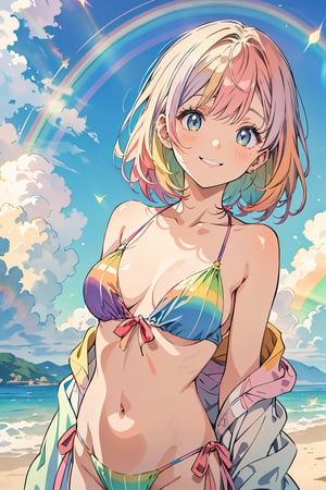 Top quality, masterpiece, pastel colored background, watercolor style, woman, rainbow colored hair, rainbow colored eyes, rainbow colored bikini, rainbow robe, rainbow colored leotard, rainbow colored clouds, sparkling sea, with a smile look up at the sky,Double Exposure