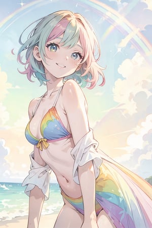 Top quality, masterpiece, pastel colored background, watercolor style, woman, rainbow colored hair, rainbow colored eyes, rainbow colored bikini, rainbow robe, rainbow colored leotard, rainbow colored clouds, sparkling sea, with a smile look up at the sky,Double Exposure