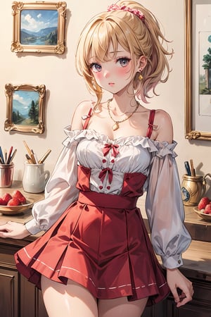 (masterpiece, best quality), 1woman, solo, 24yo, tall, cute, ((expressionless)), ((blush:1.1)), lip:0.4, lip stick:0.4, small breasts, A feminine ensemble with a frilled top, high-waisted skirt, and pastel-colored flats., drop earrings, chain necklace, Twist Ponytail, Strawberry blonde, snap clip, photo collection, (beautiful illustration:1.3), cowboy shot,