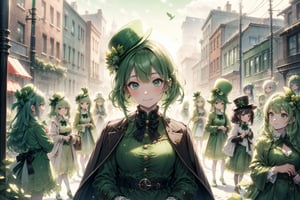 Masterpiece, beautiful details, perfect focus, uniform 8K wallpaper, high resolution, exquisite texture in every detail,full body shot,multiple (7+girls:1.5),
celebrate St.Patrick's day,St. Patrick's Day Parade,Historic street of Medieval Ireland,cute leprechaun costume,,(little green silk hat:1.5),(green dress:1.5),(dark green tailcoat:1.5),
1 girl,(upper body:1.5), smile,dot nose, light green hair, hair between the eyes, medium breasts, solo, photorealistic,Cute girl,