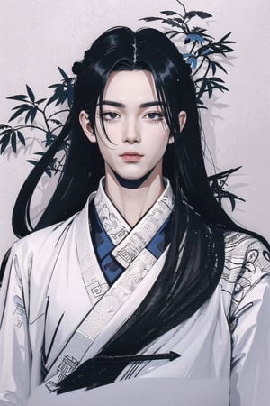 ultra detailed young man with long hair wearing detailed and intricate xianxia ancient clothes, in a detailed ginkgo garden, onmyoji portrait, glowy red smoke, illustration, traditional chinese art merged with art nouveau, ink lines, 32k resolution, best quality