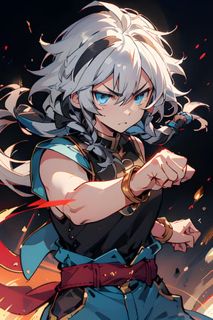 fohl_fayon, (Long hair), two-tone hair, white hair, black hair, braid in hair, blue eyes, black vest, blue shirt with gold edges, blue pants, Red bracelets on more wrists, (serious expression), man, (man expression), hand-to-hand combat pose, Muscles, (academy background)