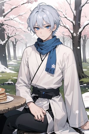 fohl_fayon, short hair, white hair, (blue locks), blue eyes, blue scarf, black pants, (white belt at the waist), white combat kimono with snow design, boy, neutral expression, muscles,  Sitting at a table with pancakes, (Forest background with sakuras)