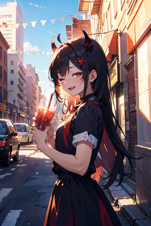 colorful, from side, mid shot, 1girl, black long hair, hair ornament, ahoge, horns, red eye, (one eye closed, black neat, red skirt), city, street, light smile, closed mouth, vampire, fangs, blue sky BREAK holding a crimson red juice