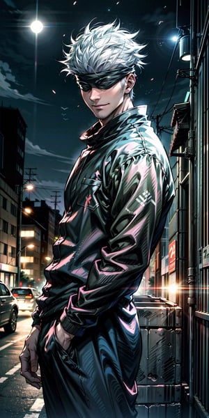 1boy,japanese, handsome, 28 years old, satoru gojo, blindfold, black outfit, white hair, battle pose, smirk, city night with full moon background, wallpaper, cinematic,High resolution 8K, Bright light illumination, lens flare, sharpness, masterpiece, top-quality, The ultra -The high-definition, high resolution, extremely details CG, Anime style, Film Portrait Photography,masterpice,hyperdetail,Cursed energy,midjourney,fantasy00d,Extremely Realistic