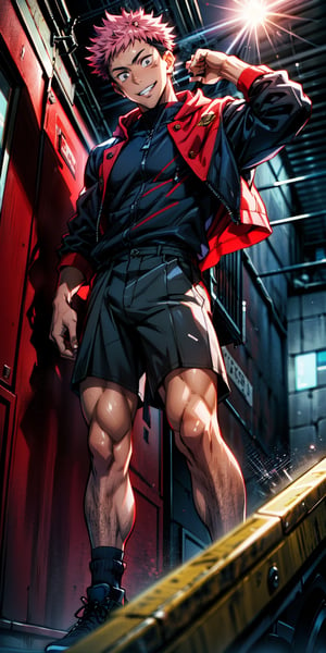 1boy, itadori yuuji, black outfit, pink hair, battle pose, smile, red and dark background, wallpaper, cinematic,High resolution 8K, Bright light illumination, lens flare, sharpness, masterpiece, top-quality, The ultra -The high-definition, high resolution, extremely details CG, Anime style, Film Portrait Photography,masterpice,hyperdetail,Cursed energy,1 girl, body shot,itadori_yuuji